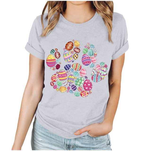EGNMCR Chemises de Pâques pour Femmes Chemises pour Femmes Imprimé de Pâques Manches Courtes Col Rond T-Shirts pour Femmes
