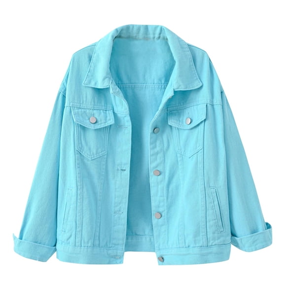 Atogsazn Women's Casual Denim Jacket Spring and Fall Long Sleeve Jean Coat Solid Color Tops with Pocket Sky Blue XXXL Fashion