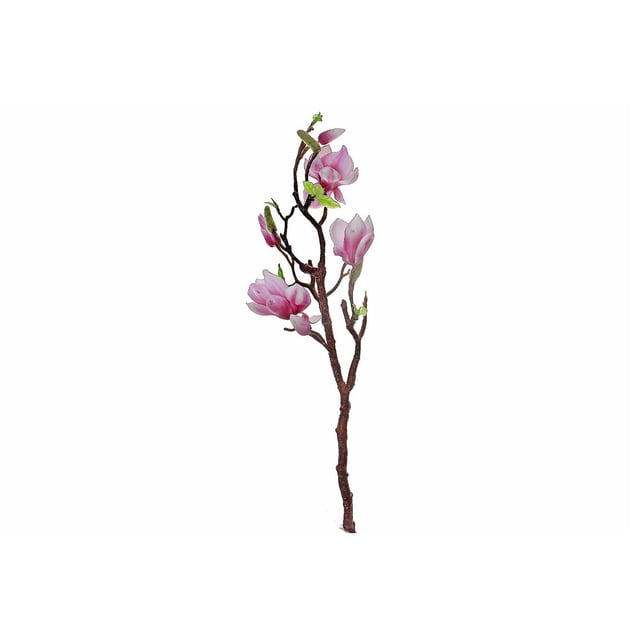 Magnolia Large Spray Purple Pink artificial flower spray with purple-pink magnolia blooms and green leaves on a brown textured stem, measuring 2 by 3.5 by 36 inches, suitable for home décor, wreaths, and seasonal floral arrangements.