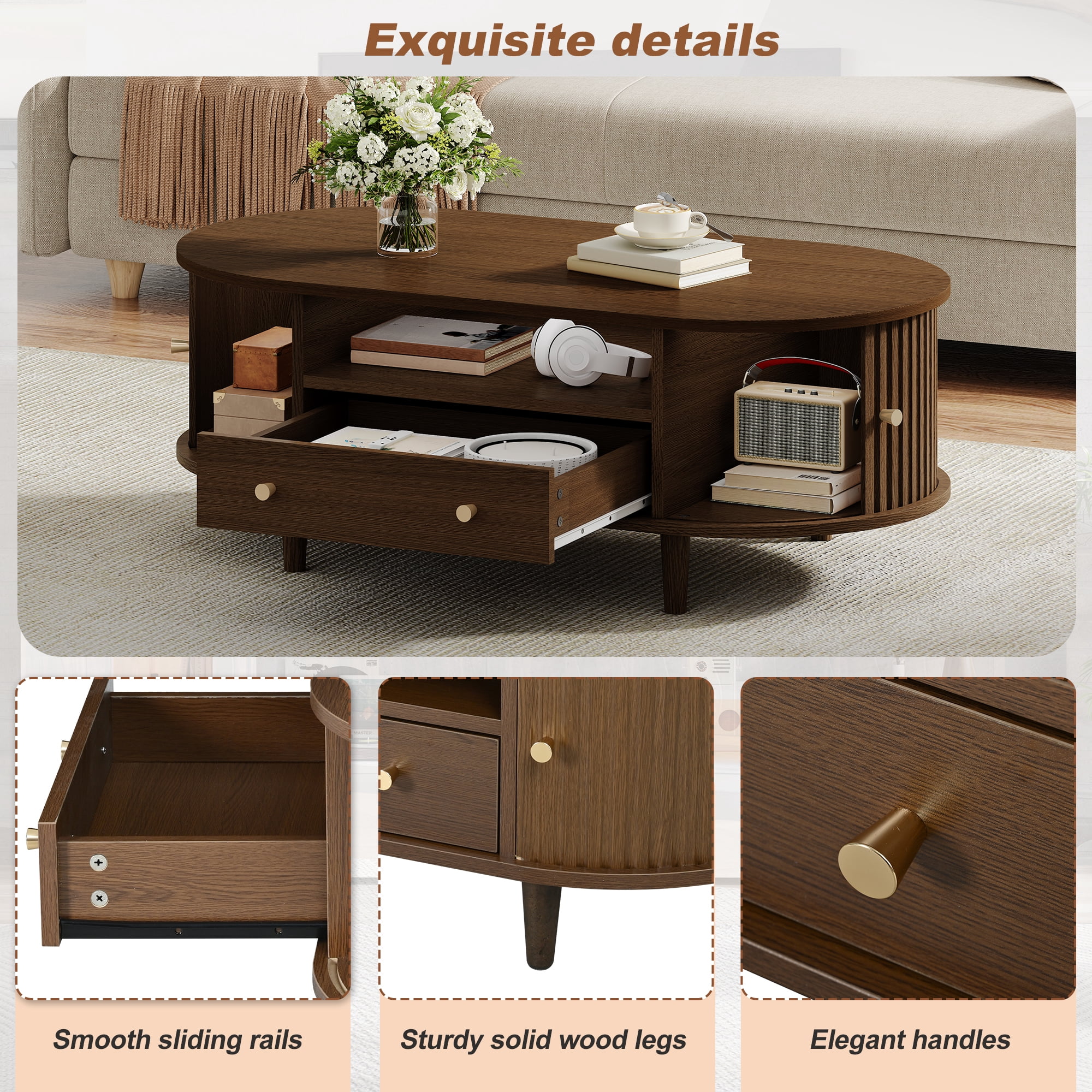 Homy Casa table basse ovale noyer avec tiroir, tablette ouverte et portes tambour pour le salon