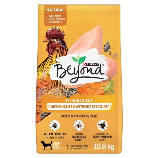Beyond Simply Farm-Raised Chicken & Whole Barley Recipe dry dog food bag showing a large chicken breast, illustrated rooster, barley grains, and carrots on an orange background, highlighting natural probiotics for digestive health, skin and coat support, and North American crafting, weighing 10.8 kg.