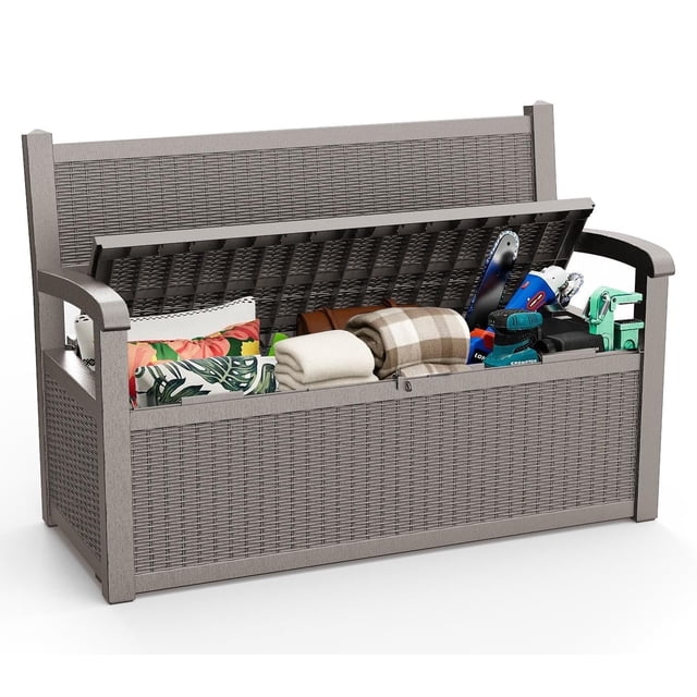 FICARTS Banc de Rangement Extérieur en Résine de 80 Gallons - Étanche, Capacité de 550 Lb, pour Cour et Piscine, Café