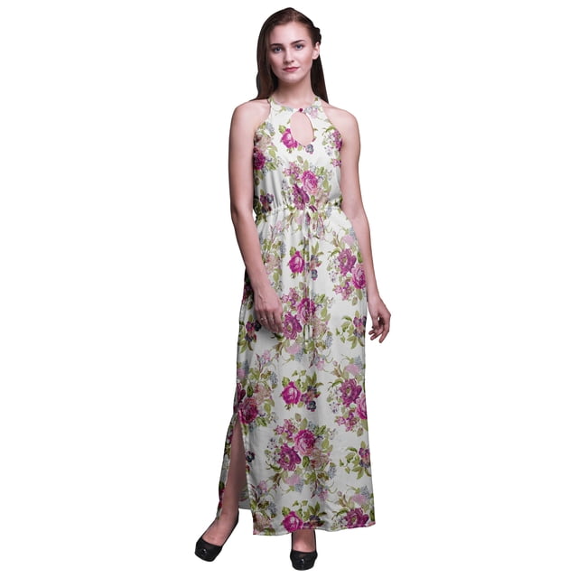 Bimba Floral Ladies Crew Neck Waist String Print Maxi Dress with Side Slits Summer Wear-X-Small