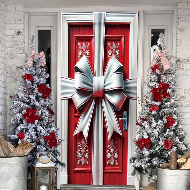 Qiulaii 2 Pcs Rideau de Porte de Noël avec Design Festif de Nœud - Polyester Durable Décoration de Fête pour Porte Intérieure 35*71 Po