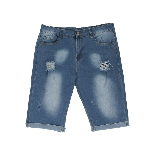 EOYWHK Mens 100% Denim Shorts Ripped Jean Shorts Stretch Elastic Waist Relaxed Fit Button Zipper Shorts with Pockets