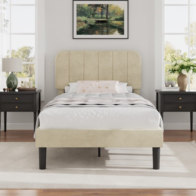VECELO Lits Rembourrés Format Simple, Cadre de Lit Plateforme Moderne avec Tête de Lit Réglable, Lattes en Bois en Soutien/pas de Sommier Requis, Beige