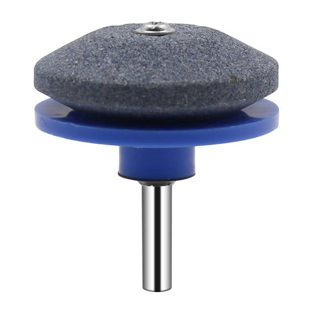 Lawn Mower Blade Sharpening Stone Attachment for Power Drills, a garden tool grinder with durable double-layer heat-resistant material, blue base, and metal shaft. Ideal for sharpening mower blades, tractors, rotary tillers, and sickle bar cutters. Fits most drills for fast 10-second installation, improving mowing efficiency.