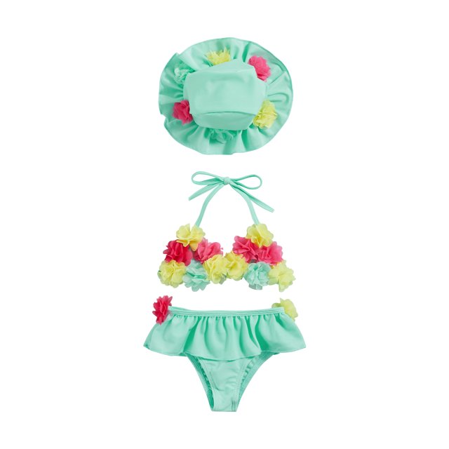 Kmbangi 3Pcs Infant Girls Swimsuits Flower Decor Tie-Up Halter Neck Tank Tops + Ruffles Shorts + Sun Hat Bikini Split Swimwear Set 0-24M