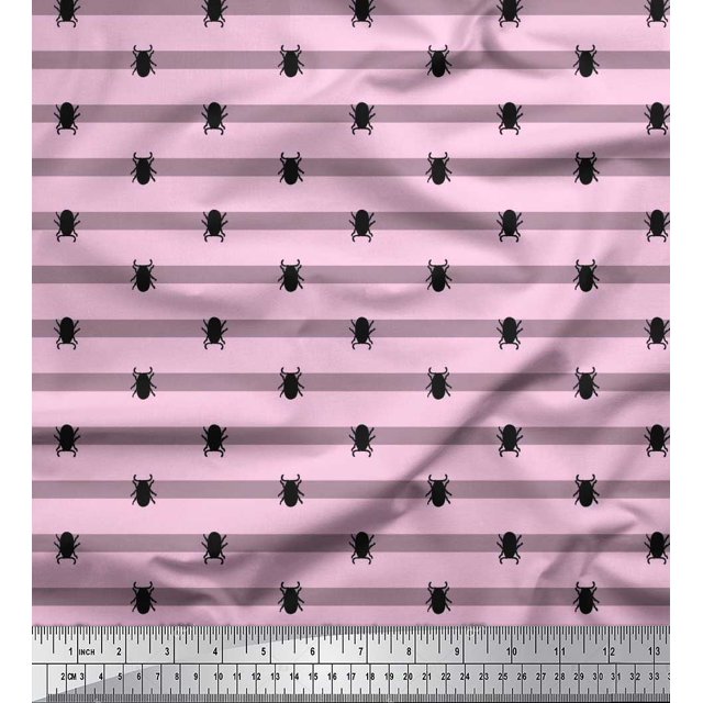 Soimoi Pink Velvet Fabric Stripe & Beetles Insects Print Sewing Fabric Yard 58 Inch Wide