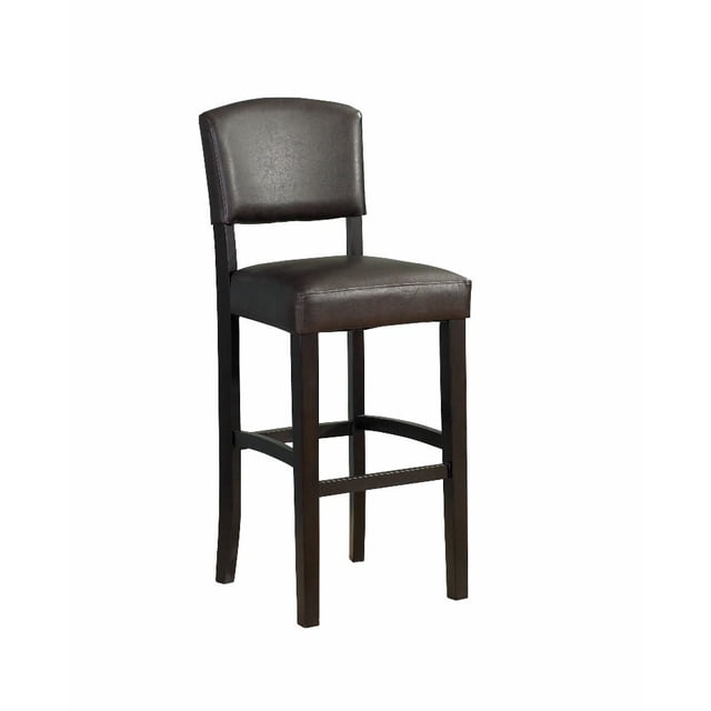 Tabouret de Comptoir Benson Espresso avec Cadre en Bois Massif Teinté Espresso Foncé et Siège et Dossier Rembourrés en Similicuir Brun, Doté d'Un Dessus Classique Incurvé et de Repose-Pieds pour le Soutien, Conçu pour les Comptoirs de Cuisine de 35 à 39 Pouces de Hauteur et Convient aux Repas Décontractés Ou aux Sièges de bar à la Maison.