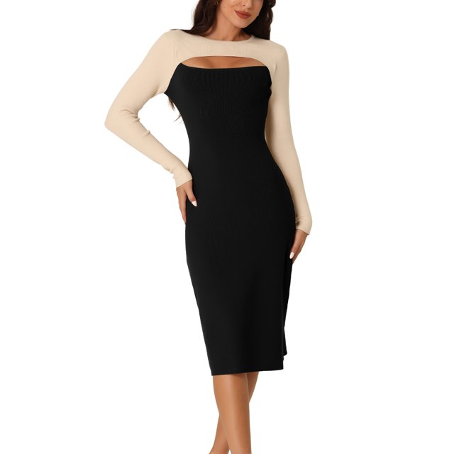 INSPIRE CHIC Robe Midi en Tricot pour Femme 2023 Automne Hiver à Manches Longues, Découpes, Col Rond, Blocs de Couleur, Ourlet Fendu, Bleu Foncé S