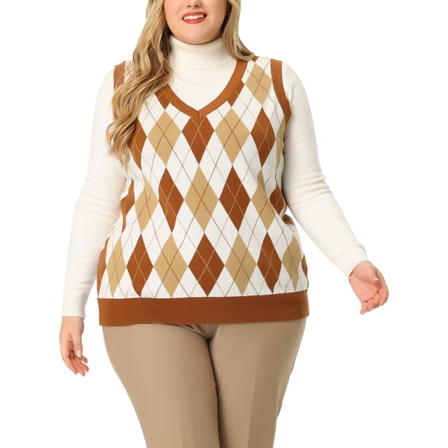 GRACE & GRANDEUR Chandail Sans Manches en Tricot à Col en V pour Femme Grande Taille4X Brun