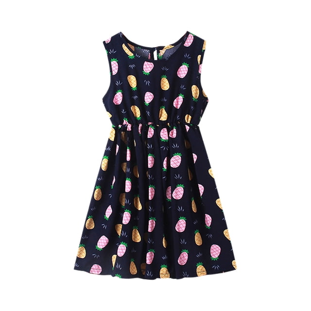 GDREDA Robe d'Été pour Fille 2025, une Robe Décontractée Sans Manches pour la Plage et les Fêtes pour Filles de 4 à 5 Ans. la Robe Présente une base Noire avec des Imprimés d'Ananas Vibrants, un Col Ras du Cou et une Taille Froncée. Fabriquée en Tissu Doux, Elle Convient aux occasions d'Été comme les Fêtes, les Vacances Ou les Sorties Décontractées. Offerte en Diverses Tailles pour Filles de 3 à 12 Ans.