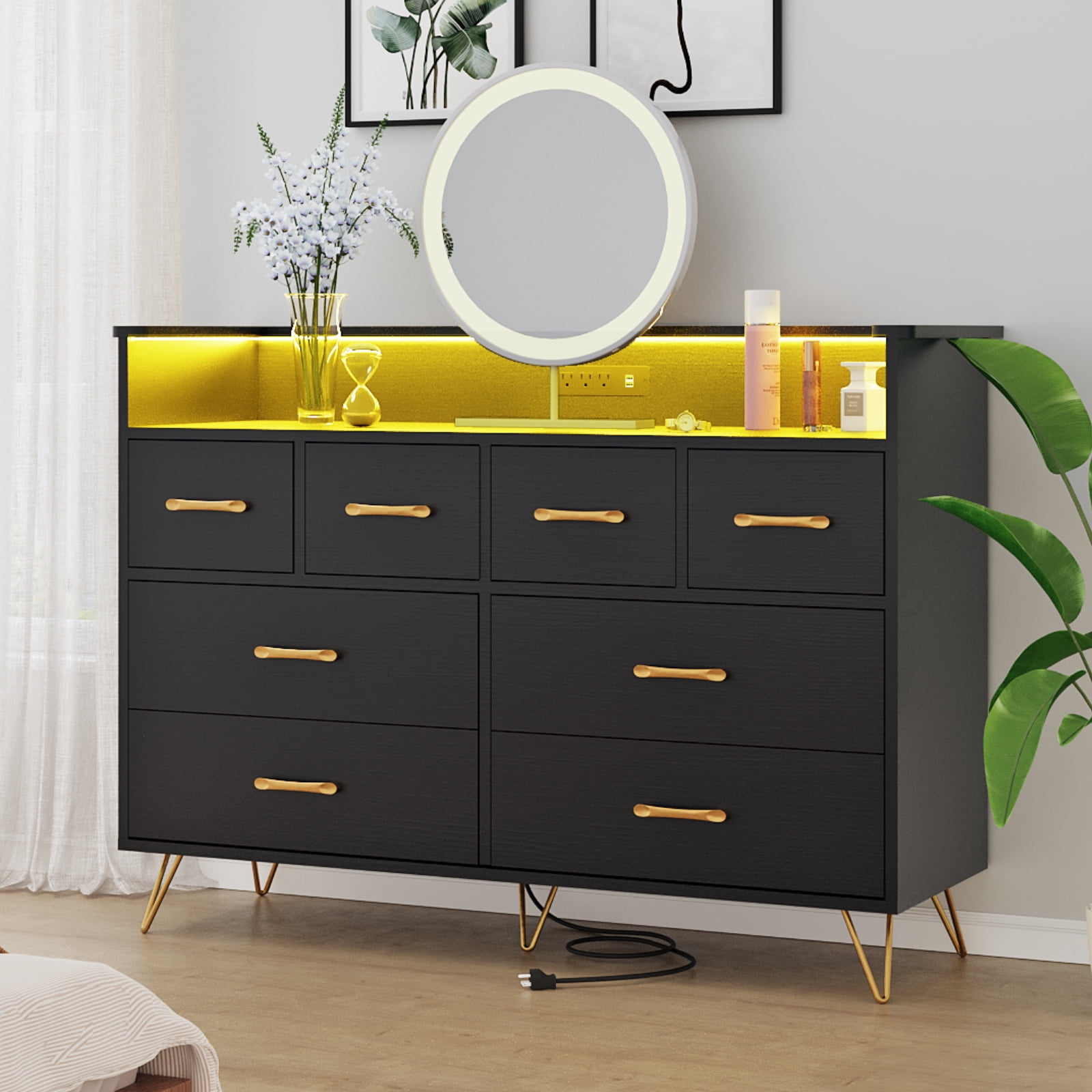 Black Dresser for Bedroom with LED Light & Charging Station, 8 Drawers Wooden Dressers with Open Space, Modern Chest of Wide Drawers for Living Room, Entryway, Hallway