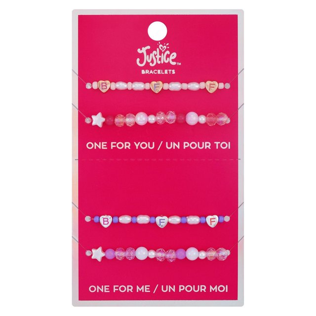 Justice BFF Bracelets Ensemble de Quatre Bracelets d'Amitié Multicolores pour Enfants sur une Carte Rose. Chaque bracelet a des Perles Lettres en Forme de Cœur Épelant BFF, des Perles Ovales Semblables à des Perles, et des Perles Rondes Facettées en Rose, Violet et Blanc. la Carte Montre un Texte Bilingue « One for you / un pour toi » et « One for me / un pour moi ».