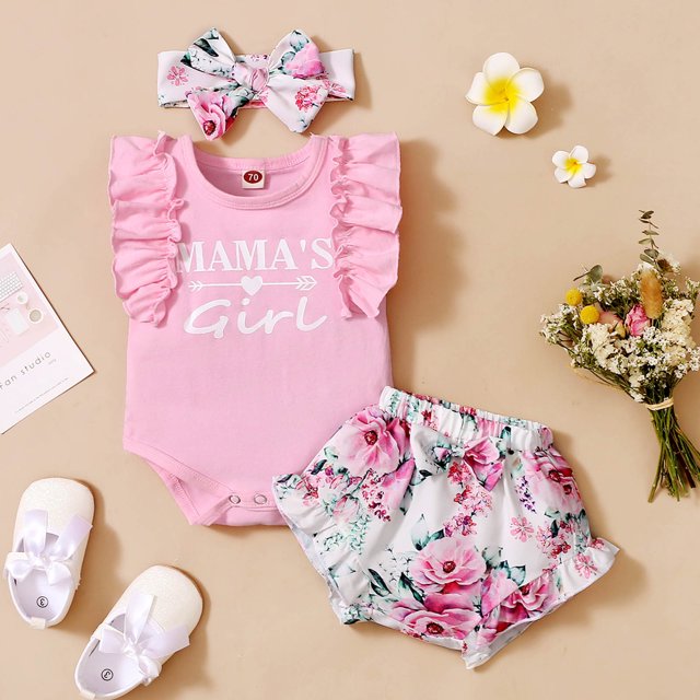 LSLJS Toddler Baby Girl Summer Letter Flying Rompe Sleeve +Printed Pants+Headband Suit, Baby Romper