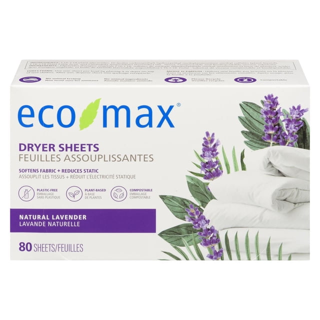 Eco-Max Natural Lavender Dryer Sheets 80 sheets box showing white folded sheets and lavender flower illustrations, plant-based, plastic-free, compostable, softens fabric and reduces static for laundry care.