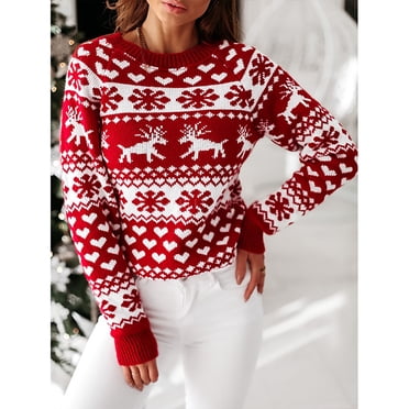 Aboser Chandails Fair isle pour Femmes Hauts Tricotés de Noël Laids Tendance Motif d'Orignal et Flocon de Neige Chandail Y2k Col Rond Manches Longues Blouses pour Cadeau des Fêtes