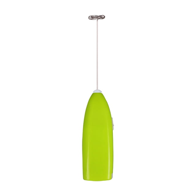 Meitianfacai Mini Household Electric Milk Frother with a stainless steel whisk and a vibrant green ABS handle. The compact frother measures 23x6x4cm and features a raised ergonomic handle for comfortable use. Ideal for frothing milk, making lattes, cappuccinos, matcha, and mixing protein shakes. The frother is shown in a front-facing view with a sleek, lightweight design.
