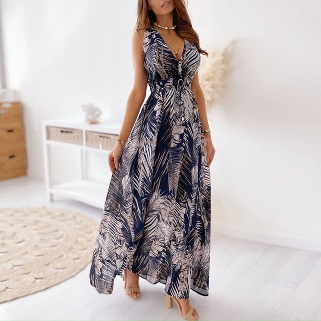 Aqestyerly Robe à Col en V pour Femmes Sans Manches Mi-Mollet Longue Robe Aguichant Dos Ouvert Design Imprimé Tenue Décontractée d'Été HWRETIE