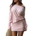 thumbnail image 2 of Loose See-Through Dress Bat Sleeve Off-the-Shoulder Long Sleeve Mini Ruffle Oversized Casual Street Dress Pink S, 2 of 10
