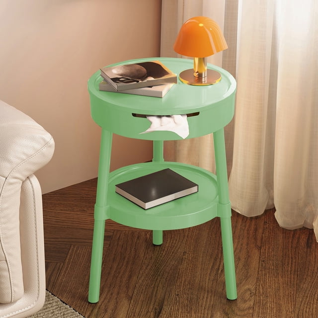 Multifunctional Side Table with Drawer Storage | Modern Bedside Table & Study Desk for Living Room Bedroom Office | White Pink Beige Green Plastic