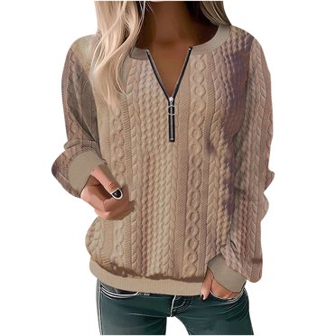 T-shirts à Manches Longues Bruns pour Femmes Automne Hiver Col Bateau Coupe Ample T-Shirt Uni Hauts Femmes Demi-Fermeture Éclair 2025 Vêtements Y2K m