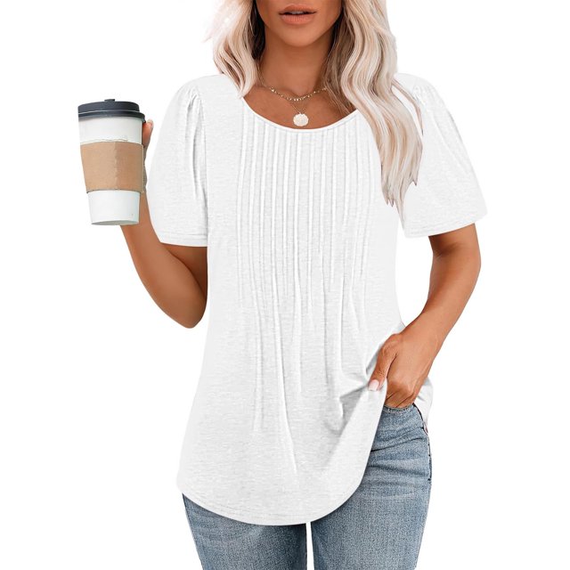 Meichang Hauts pour Femmes T-Shirts Plissés devant Manches Courtes Col Rond T-Shirts Unis Coupe Ample Tunique Confortable