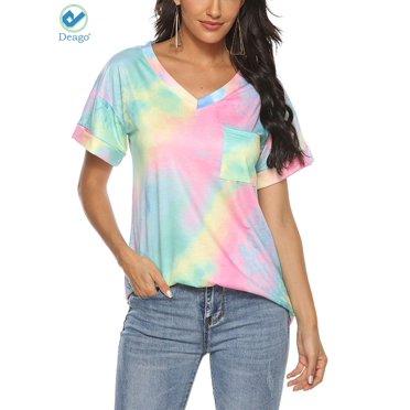 Deago Womens Tie Dye V Neck Short Sleeve T-Shirts Loose Fit Comfy Tees Casual Summer Tops Shirts with Pocket (Yellow, M)
