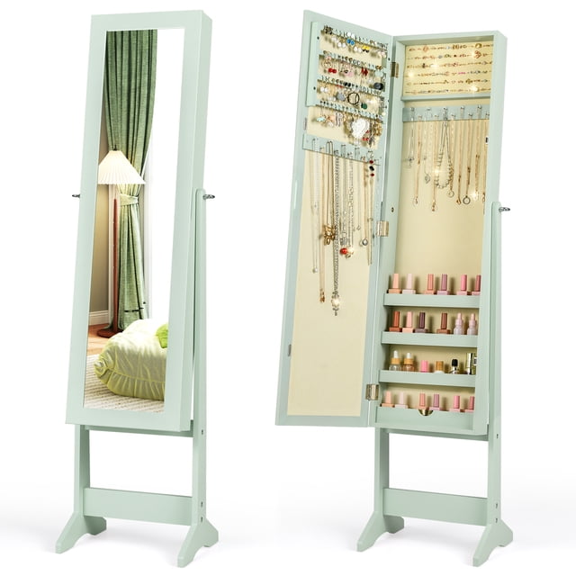 Costway Jewelry Mirrored Cabinet Armoire Organizer Storage Box with Stand in green. This freestanding armoire features a full-length adjustable mirror and a spacious interior with 64 earring slots, 44 earring holes, 72 ring slots, 20 necklace hooks, and 4 storage racks for cosmetics. Made of premium MDF with a triangular base for stability, it includes a soft liner to protect jewelry and a magnetic stopper for security. Suitable for bedrooms, bathrooms, or cloakrooms.