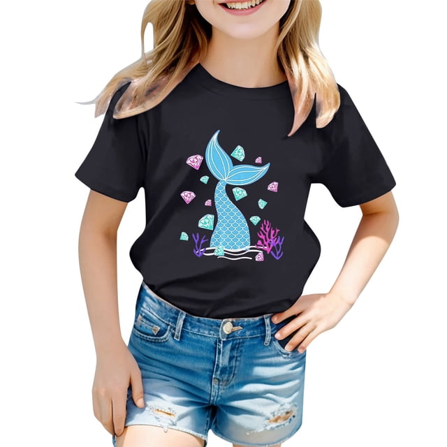 T-shirts pour Filles, Imprimé Graphique Océan Mignon, Manches Courtes, Hauts Amples, Noir 4-5 Ans