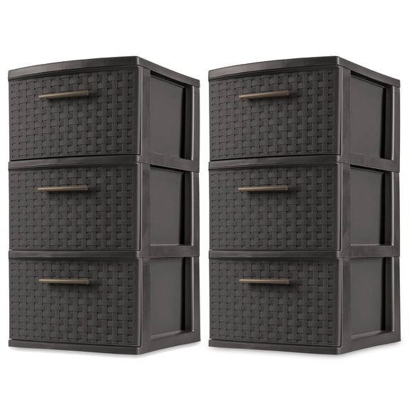 Sterilite 3 Drawer Weave Tower Plastic Storage Organizer with Handles, Espresso, 2 Pack