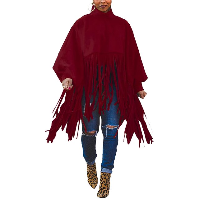 Haut à Franges à Col Montant à Manches Longues pour Femmes, Grande Taille, Poncho à Franges