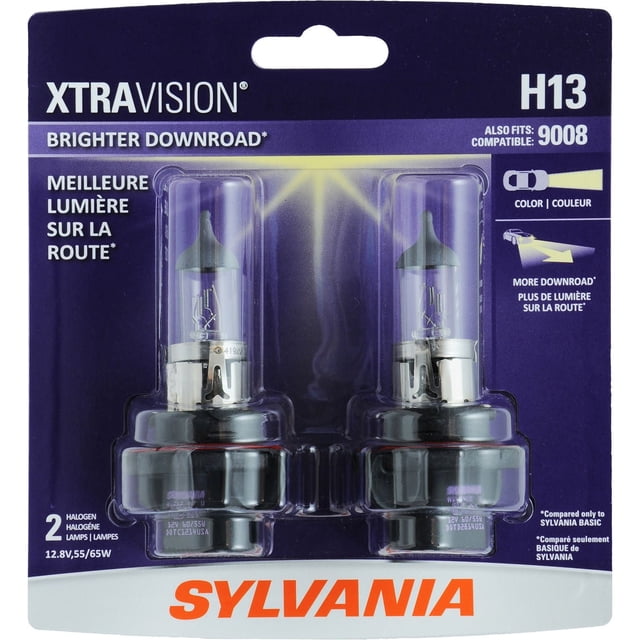 SYLVANIA H13 XtraVision Halogen Headlights two-pack in clear plastic packaging with purple and white backing, showing halogen bulbs with black bases designed for brighter downroad visibility and exterior car lighting, compatible with 9008 fittings.