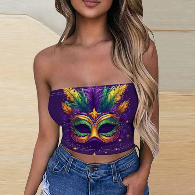 TIMIFIS Mardi Gras Femmes Bustier Tube Court Hauts Grande Taille Mode Carnaval Imprimé Sans Manches Fête des Fêtes Hauts