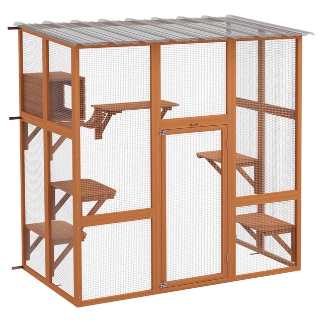 PawHut Catio Outdoor Cat House Wooden Cat Enclosure w/ Bridge, Resting Box Colour: Orange; fir wood enclosure with bridge, three jump platforms and inner resting box; overall 67.7"W x 35.4"D x 70.5"H (172 x 90 x 179 cm); door 19.9" x 42.1"; lean-against-wall design for 1–2 cats up to 11 lbs (5 kg); also suitable for covered storage of small pet supplies.