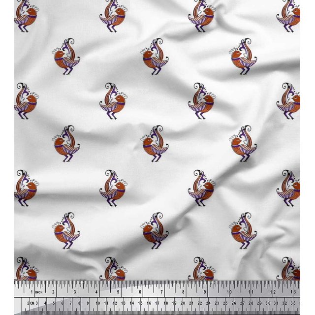 Soimoi Cotton Cambric Fabric Bird Block Printed Fabric 1 Yard 42 Inch Wide