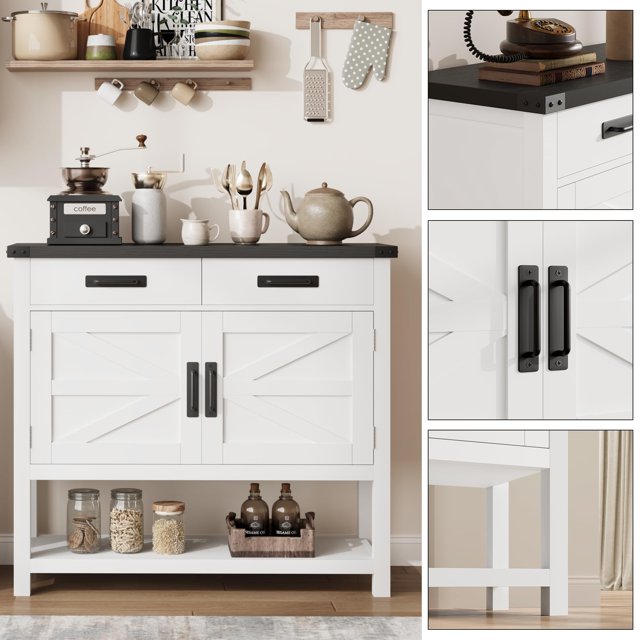 Kojooin Table d'Entrée Blanche de Style Ferme avec 2 Portes, 2 Tiroirs, Armoire de Rangement en Bois Massif, Bar à Café Multifonctionnel, Console de Canapé, Buffet de Cuisine pour Salon, Couloir, Salle à Manger