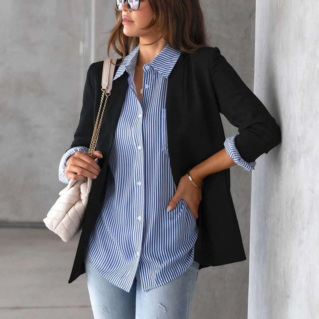 Chemisier Cardigan Décontracté à Col à Revers et Rayures pour Femmes Automne avec Boutons Manches Longues Poche Poitrine