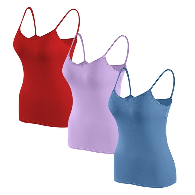 Timegard Camisoles pour Femmes 3 Pcs avec Soutien-Gorge Intégré Col Rond Bretelles Spaghetti Ajustées Douces Maillots de Corps Décontractés Hauts de Pyjama