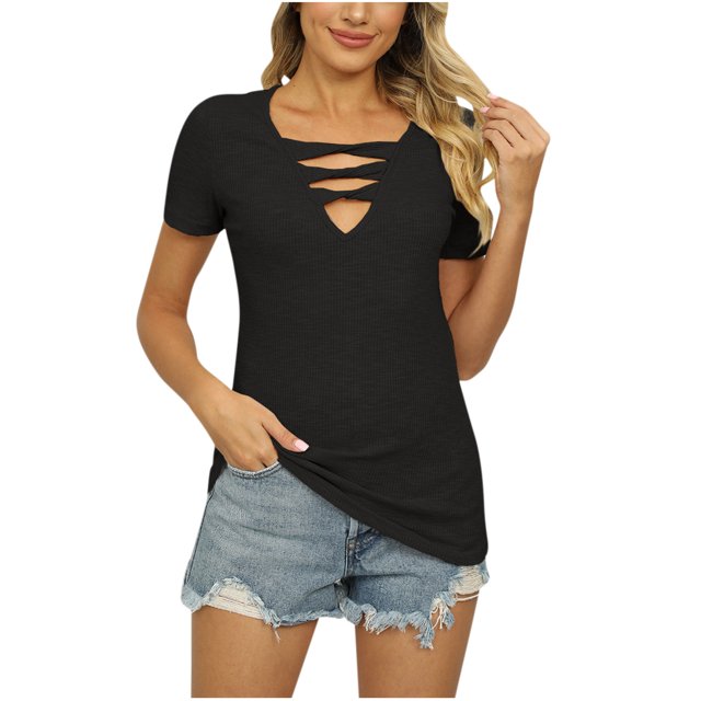 Birdeem T-Shirts à Manches Courtes pour Femmes à Col en V, Couleur Unie, avec Ceinture Croisée