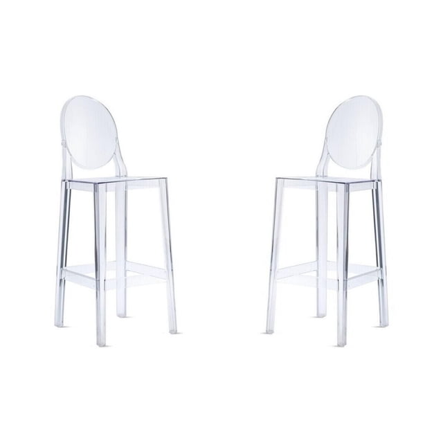 Heavenly Collection Tabouret de Comptoir en Plastique Transparent pour Salles à Manger, Montrant Deux Tabourets en polycarbonate Transparent avec Dossiers Ovales, Sièges Moulés Profilés, Repose-Pieds Intégrés et Pieds Carrés, Idéal pour les Îlots de Cuisine Modernes Ou les Sièges de bar et Adapté à une Utilisation Extérieure.