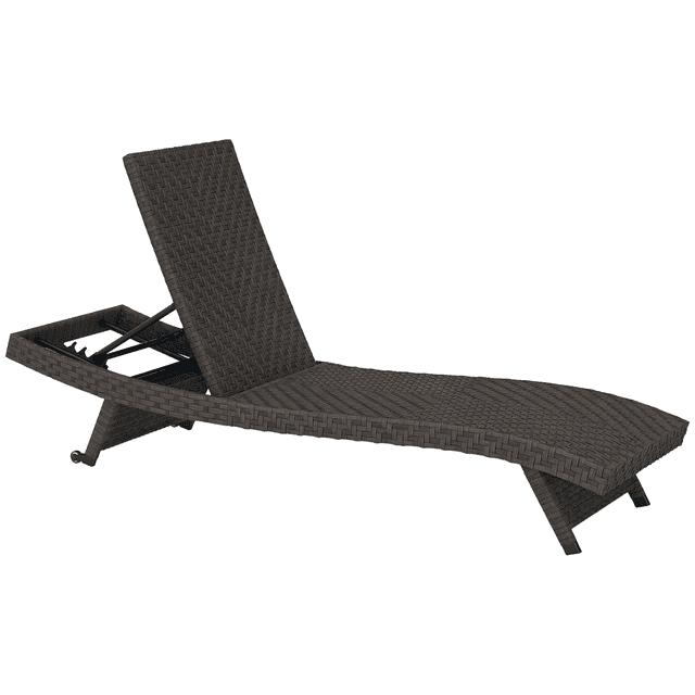 Outsunny Chaise Longue de Patio Pliable avec Dossier Réglable à 5 Niveaux en Brun, Conçue pour la Détente en Plein Air. Présente une Conception en Forme de « S », de l'Osier en Rotin PE Tressé à la Main et un Rembourrage en Mousse à Séchage Rapide. Comprend une Fonctionnalité Pliable, Deux Roues Lisses pour le transport, et Convient à la Détente sur le Patio Ou au Bord de la Piscine.
