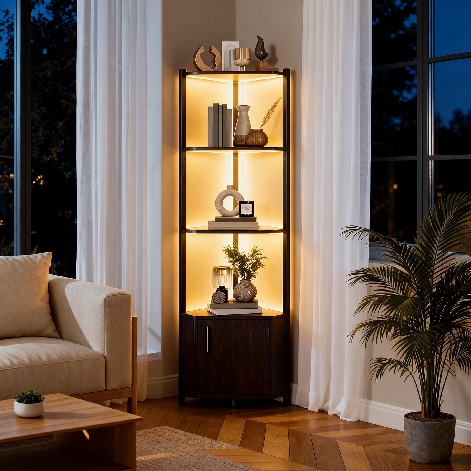 5-Tier Corner Shelf Stand with LED Lights, 58”Tall Metal Frame Narrow ...