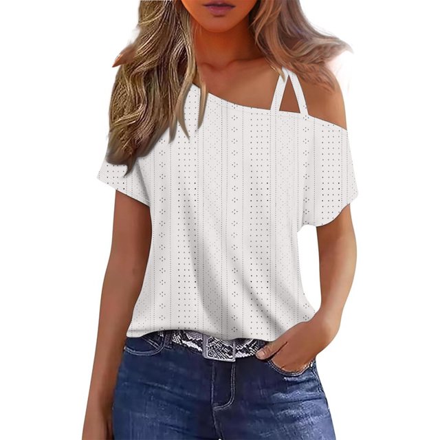tarylea Going Out Tops For Women 1 Cold Shoulder Top Eyelet Short Sleeve Shirts Loose Fitted