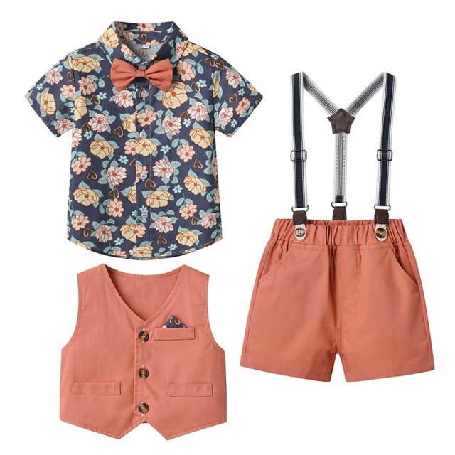 Birdeem Boys Short Sleeve Printing Shirts&Strap Shorts&Vest Three-Piece Set,Photography Performance Set