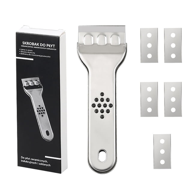 BMYJ Locking Razor Blade Scraper with 5 extra blades, designed for paint removal and cleaning tasks. Features a retractable stainless steel blade, non-slip handle, and hanging hole for storage. Suitable for cleaning windows, cooktops, ovens, and glass stove tops. Includes scraper and blades displayed alongside a branded box.