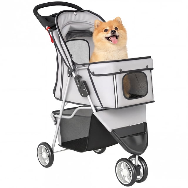 PawHut Poussette pour Animaux de Luxe à 3 Roues avec Frein, Auvent, Porte-Gobelets (Gris)