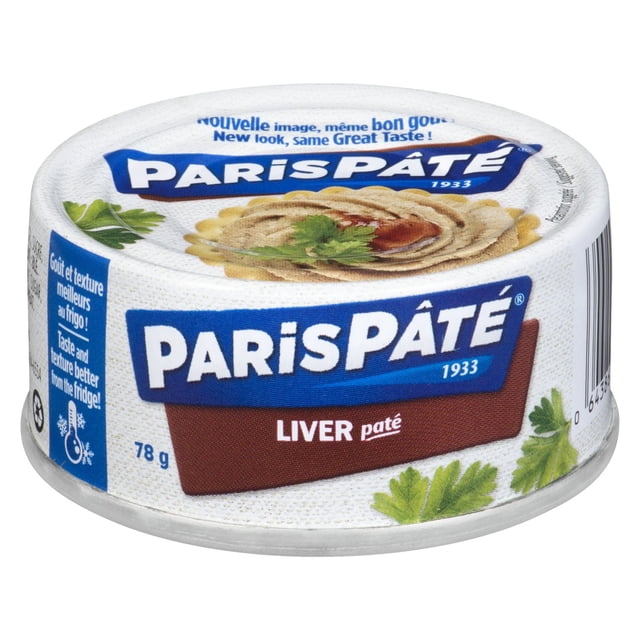 Pâté de Foie Pâté de Paris Boîte de 78 g avec Étiquette Texturée Blanche Présentant un logo Bleu et Brun, une image de Tartinade de Pâté sur un Craquelin Garni de Persil, et un Texte Bilingue Favorisant le Goût et la texture à Partir de la Réfrigération, Convient aux hors-D'œuvre Ou aux sandwiches Rapides.