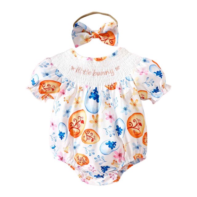 GPOECD Girls Short Sleeve Easter Cartoon Prints Romper Bodysuits Headbands Set Short Sleeve Rompers for Children White-E,3-6 Months